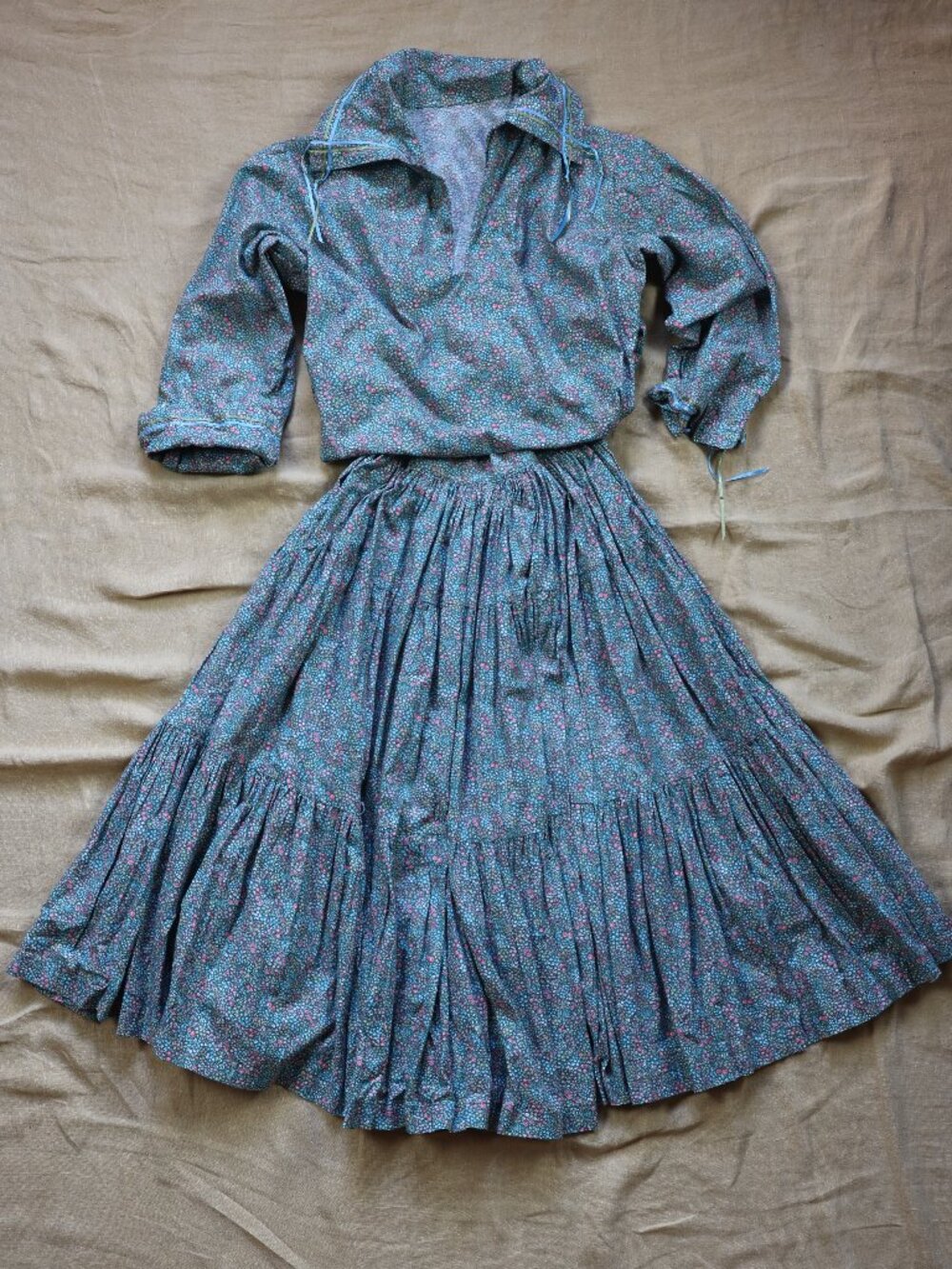 1970s handmade prairie cottage core skirt and blouse set floral calico cotton